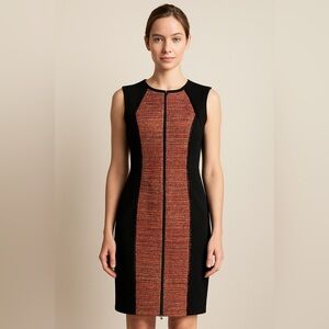 Rachel Roy | Orange & Pink Tweed Black Panel Zip Front Dress